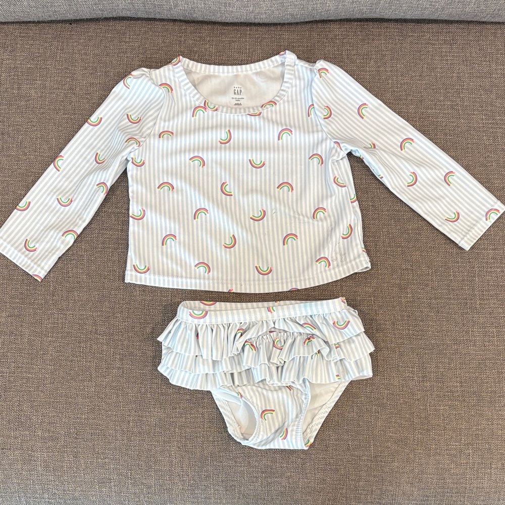 GAP Light Blue & White Striped Baby Swim Top with Rainbow Trim